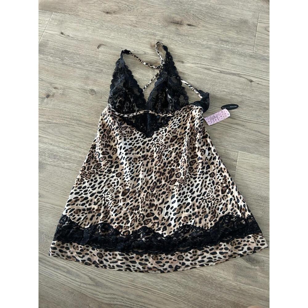Jezebel Womens Leopard Animal Print Chemise with Lace Small NWT